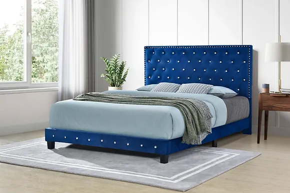 Diamond Velvet Queen Size Bed Blue